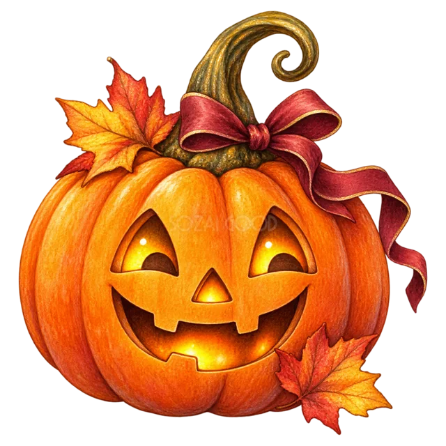 赤紫のリボンと紅葉を飾った笑顔のジャックオランタン（背景透過PNG）