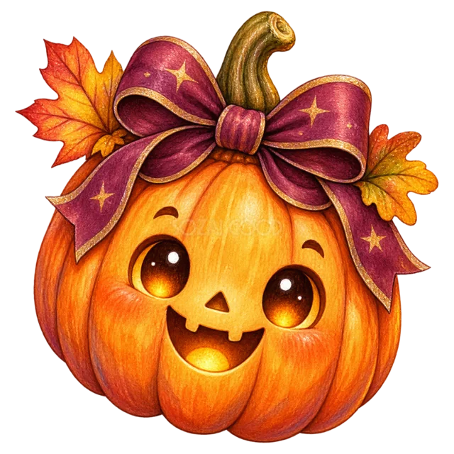 大きなリボンと紅葉を飾って笑うジャックオランタン（背景透過PNG）
