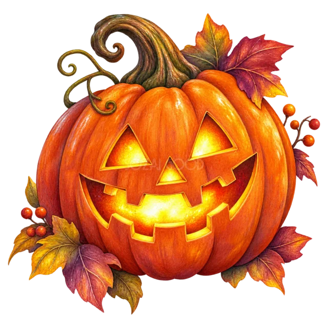 内側から明るく光る王道のジャックオランタン（背景透過PNG）