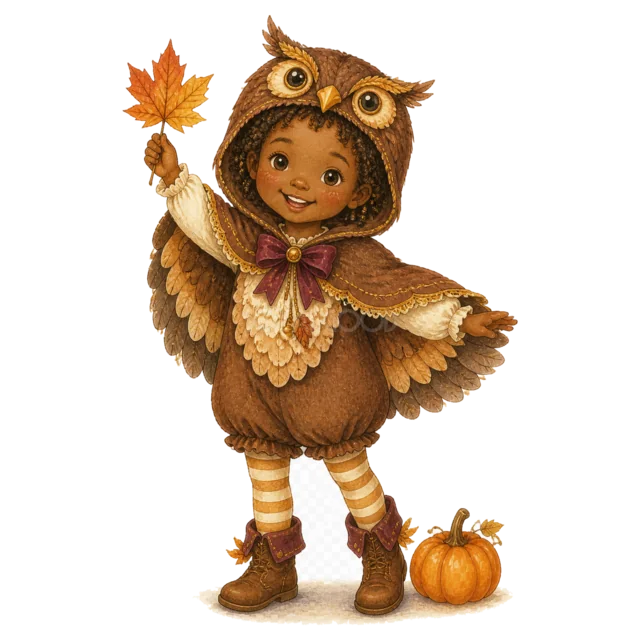 フクロウの仮装で紅葉を掲げるかわいい女の子（背景透過PNG）