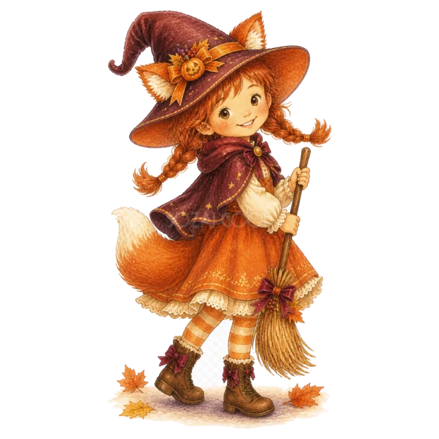 キツネの魔女に仮装してほうきを持つ女の子（背景透過PNG）