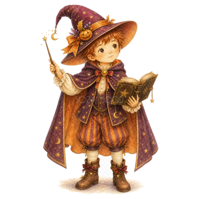 魔法書と星の杖を持つ魔法使い姿の男の子（背景透過PNG）