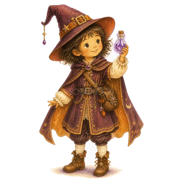 魔女の仮装で紫色の魔法薬を持つ女の子（背景透過PNG）