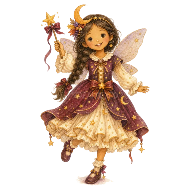妖精の魔女に仮装して星の杖を持つ女の子（背景透過PNG）