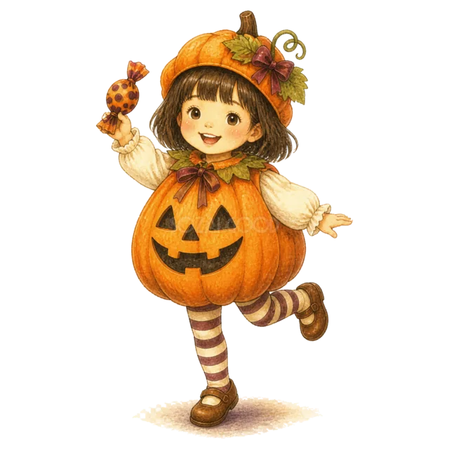 かぼちゃの仮装でキャンディを持つ元気な女の子（背景透過PNG）
