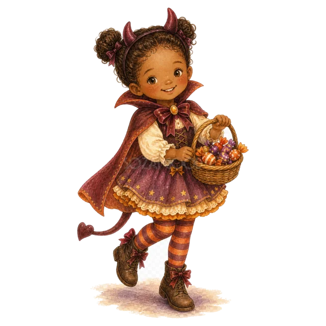 小悪魔の仮装でお菓子かごを持つ笑顔の女の子（背景透過PNG）