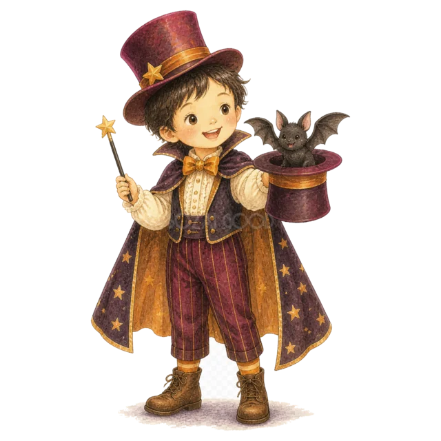 シルクハット姿で帽子からコウモリを出す男の子（背景透過PNG）
