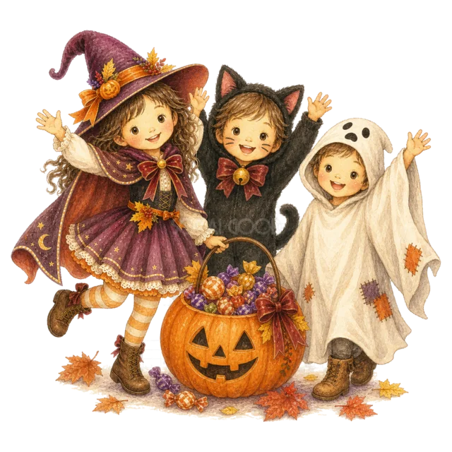 魔女・黒猫・おばけの仮装でお菓子を囲む子ども3人（背景透過PNG）