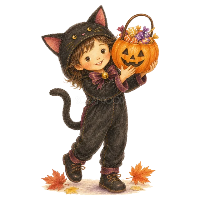 黒猫の仮装でかぼちゃバケツを掲げる女の子（背景透過PNG）