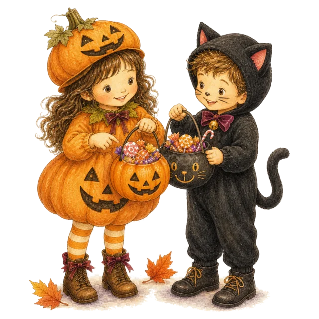かぼちゃと黒猫の仮装でお菓子を分け合う子ども（背景透過PNG）