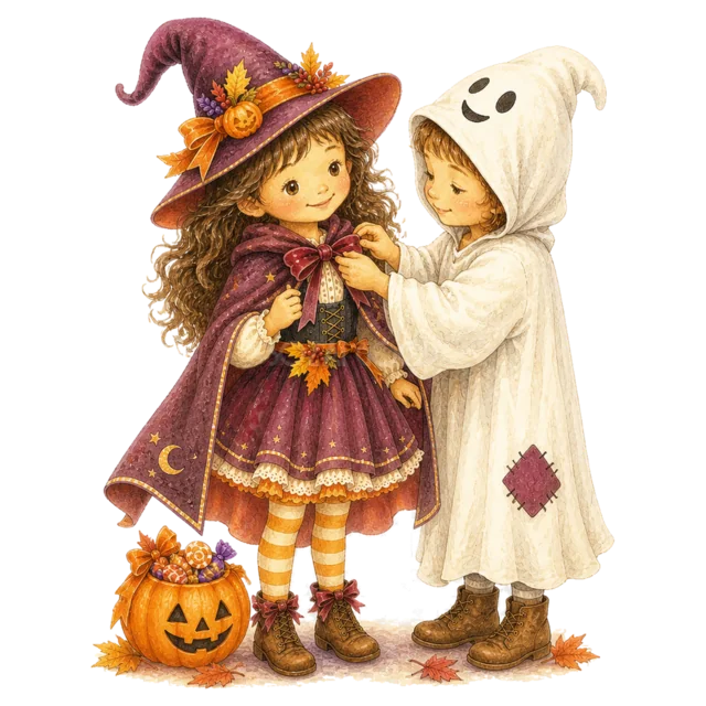 おばけ姿の子どもが魔女姿の友だちのマントを整えるイラスト（背景透過PNG）