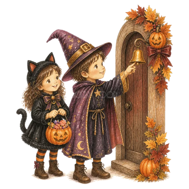 黒猫と魔法使いの仮装で玄関ベルを鳴らす子ども（背景透過PNG）