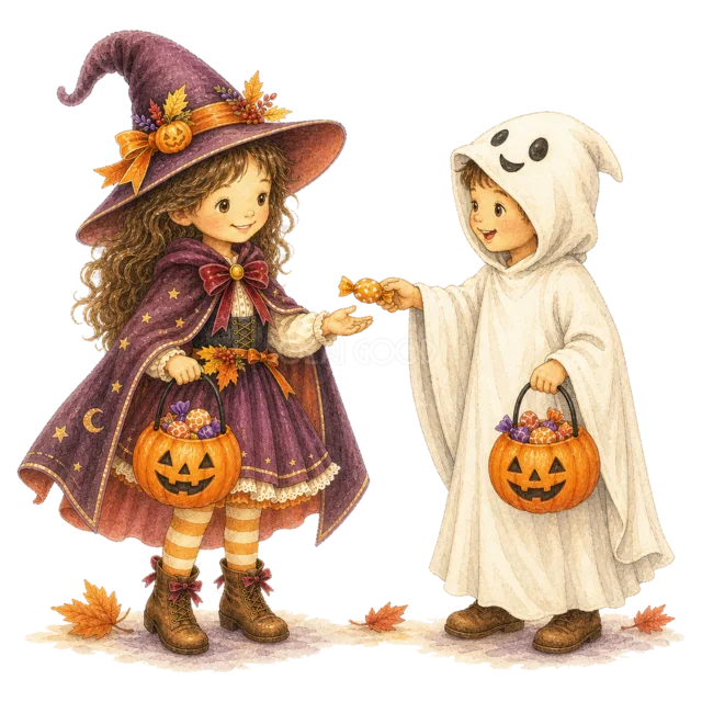 魔女とおばけの仮装でお菓子を交換する女の子（背景透過PNG）