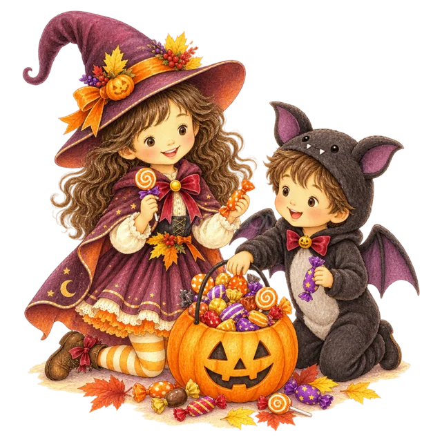 魔女とコウモリの仮装でお菓子を囲む子ども（背景透過PNG）