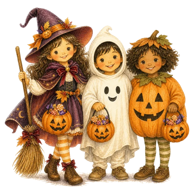 魔女・おばけ・かぼちゃの仮装で並ぶ子ども3人（背景透過PNG）