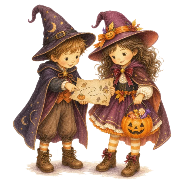 魔女姿の男の子と女の子が宝の地図を見るイラスト（背景透過PNG）