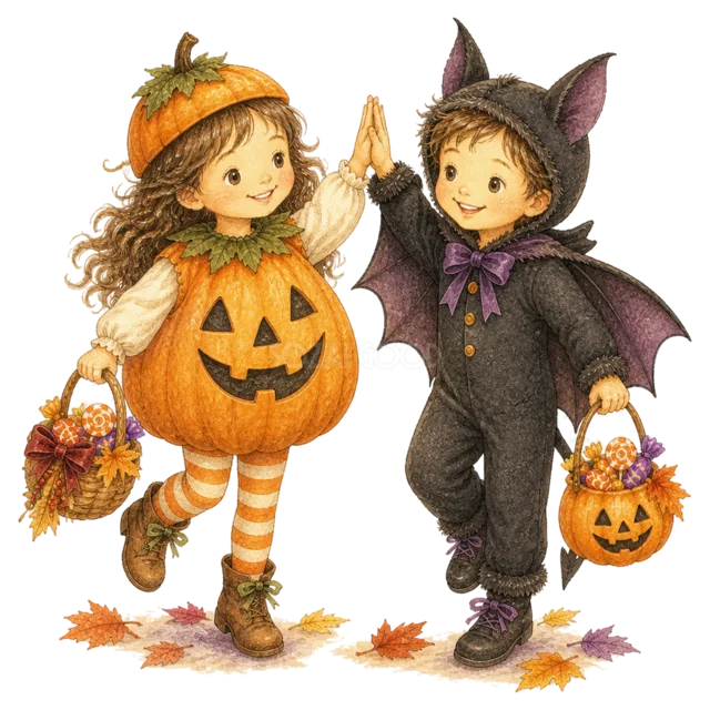 かぼちゃとコウモリの仮装でハイタッチする子ども（背景透過PNG）
