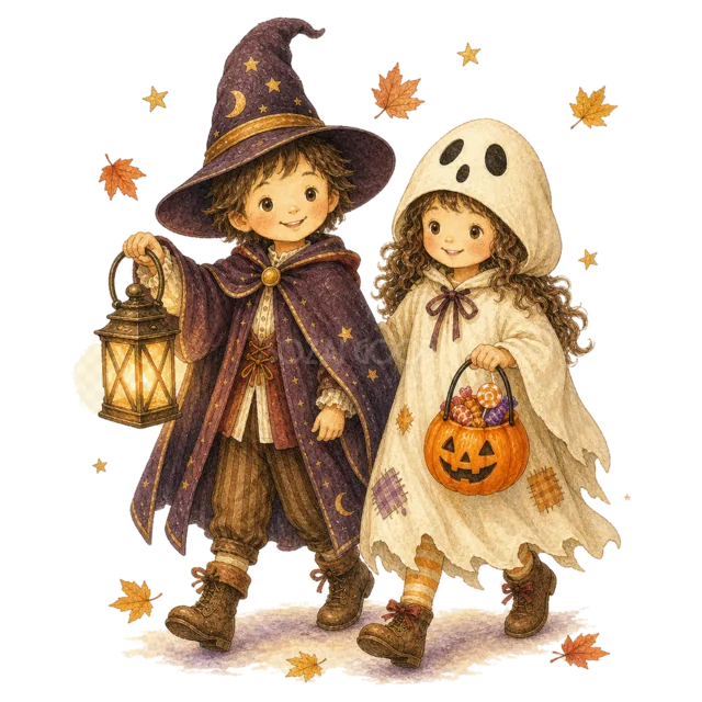 魔女とおばけの仮装でランタンを持って歩く子ども（背景透過PNG）