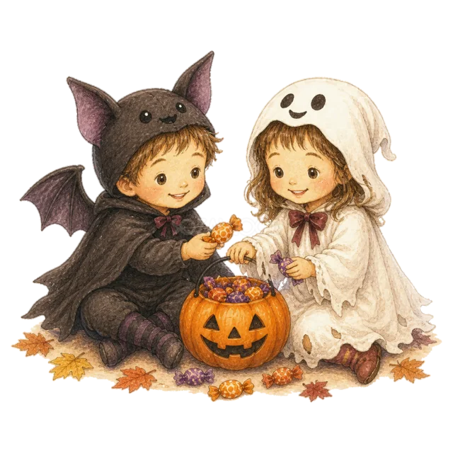 コウモリとおばけの仮装でお菓子を分け合う子ども（背景透過PNG）