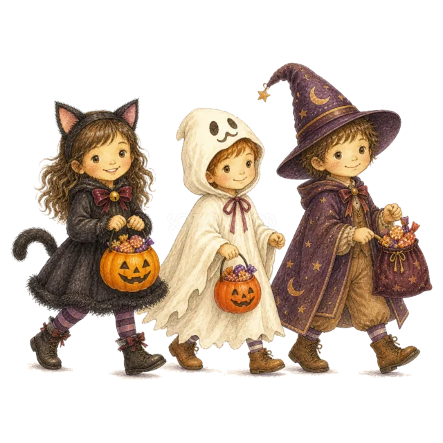 黒猫・おばけ・魔女の仮装で歩く子ども3人（背景透過PNG）