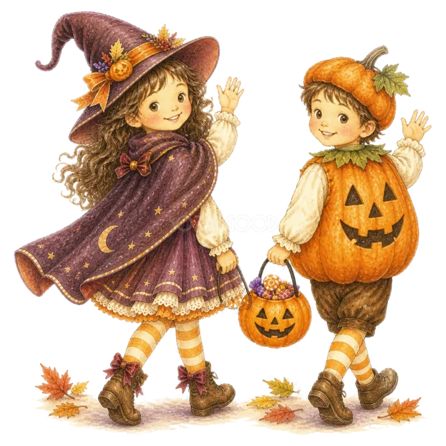 魔女とかぼちゃの仮装でトリックオアトリートを楽しむ子ども（背景透過PNG）