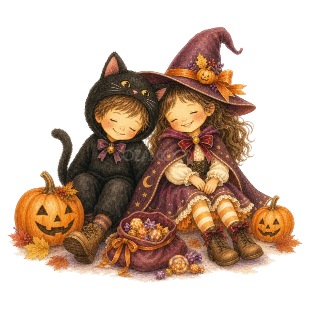 黒猫と魔女の仮装でかぼちゃのそばに座る女の子（背景透過PNG）