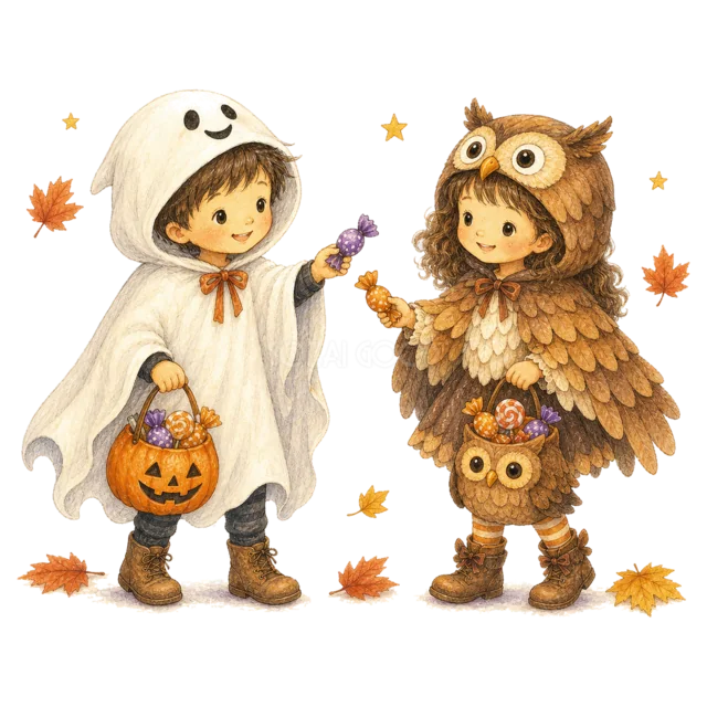 おばけとフクロウの仮装でお菓子を交換する子ども（背景透過PNG）