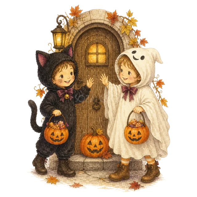 玄関先でお菓子を待つ黒猫とおばけ姿の子ども（背景透過PNG）