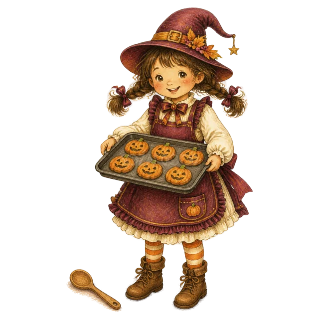魔女姿でかぼちゃクッキーの天板を持つ女の子（背景透過PNG）
