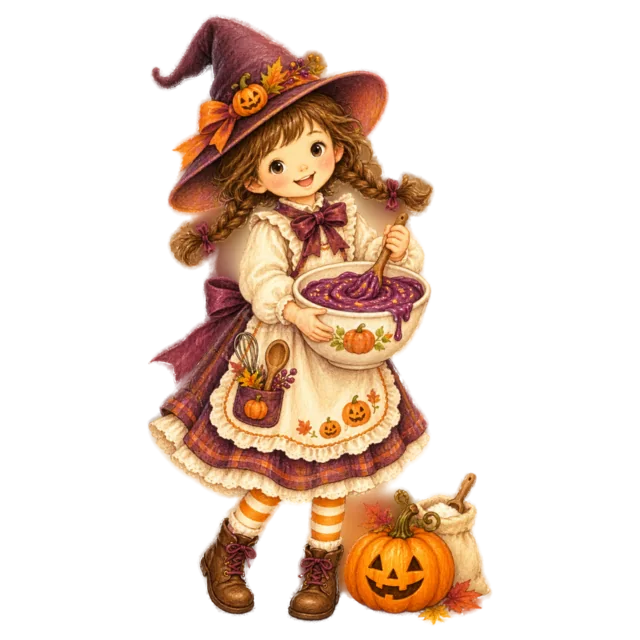 魔女姿で紫色の生地を混ぜるかわいい女の子（背景透過PNG）
