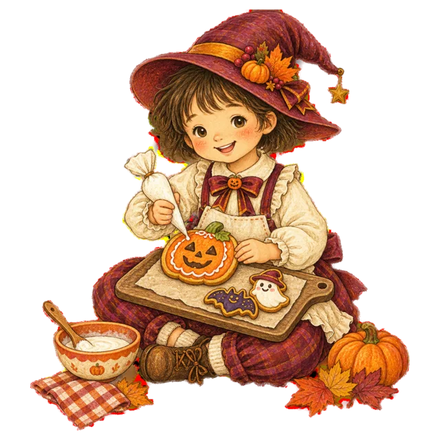 魔女姿でハロウィンクッキーにアイシングする女の子（背景透過PNG）
