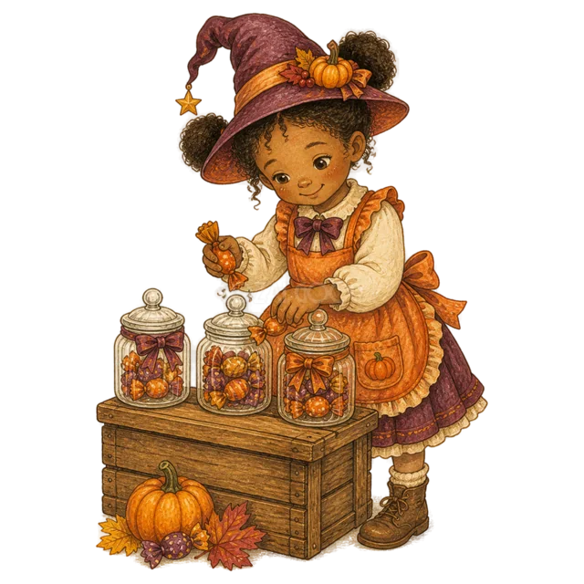 瓶にハロウィンキャンディを詰める魔女姿の女の子（背景透過PNG）