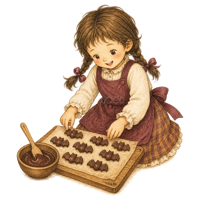 コウモリ形のチョコレートを手作りする女の子（背景透過PNG）