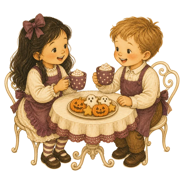 ハロウィンクッキーとココアを楽しむ子ども2人（背景透過PNG）