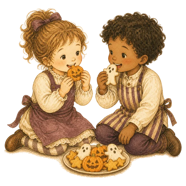 かぼちゃとおばけのクッキーを味見する子ども2人（背景透過PNG）