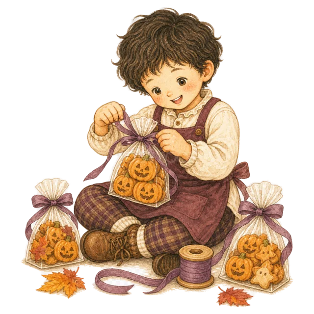 手作りのかぼちゃクッキーを袋詰めする子ども（背景透過PNG）