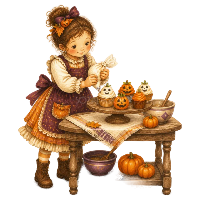テーブルでおばけカップケーキを作る女の子（背景透過PNG）