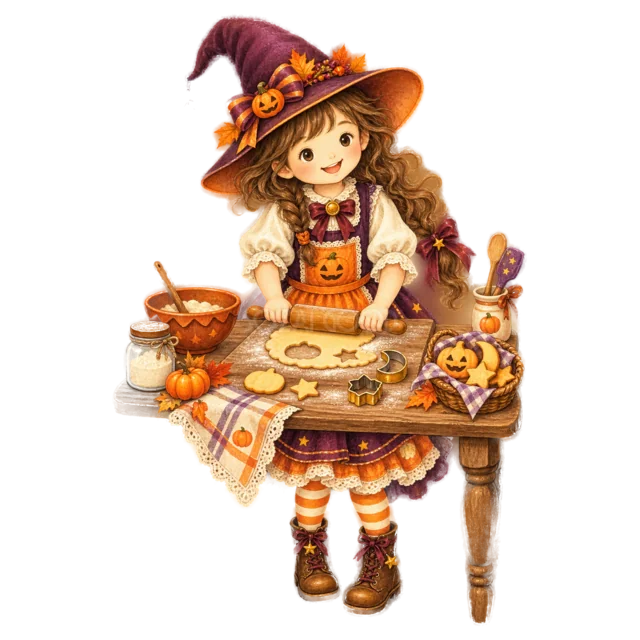 魔女姿でハロウィンクッキーを作る女の子（背景透過PNG）