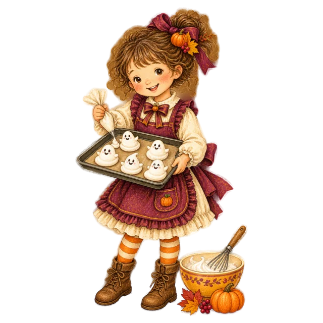 おばけクッキーの天板を持つ笑顔の女の子（背景透過PNG）