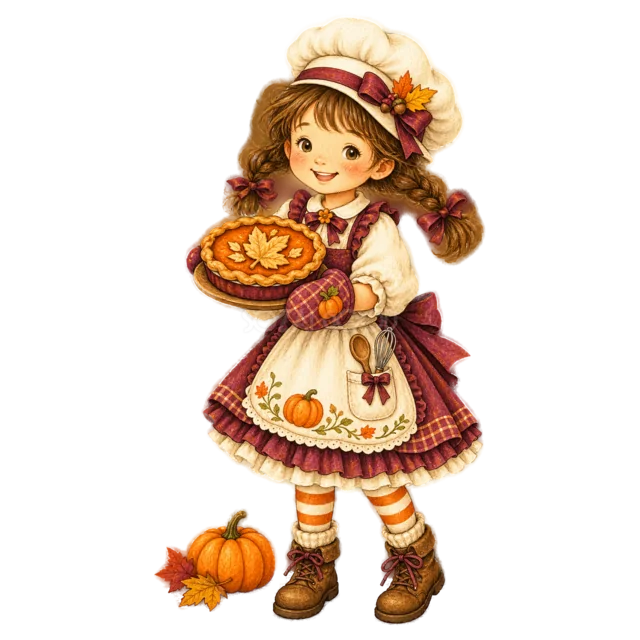 かぼちゃパイを持つパティシエ姿の女の子（背景透過PNG）