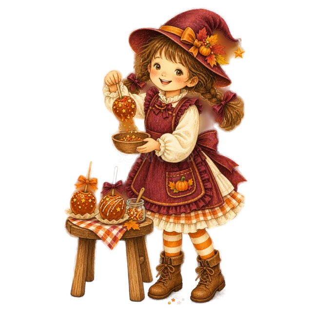 魔女姿でハロウィンのキャンディアップルを作る女の子（背景透過PNG）