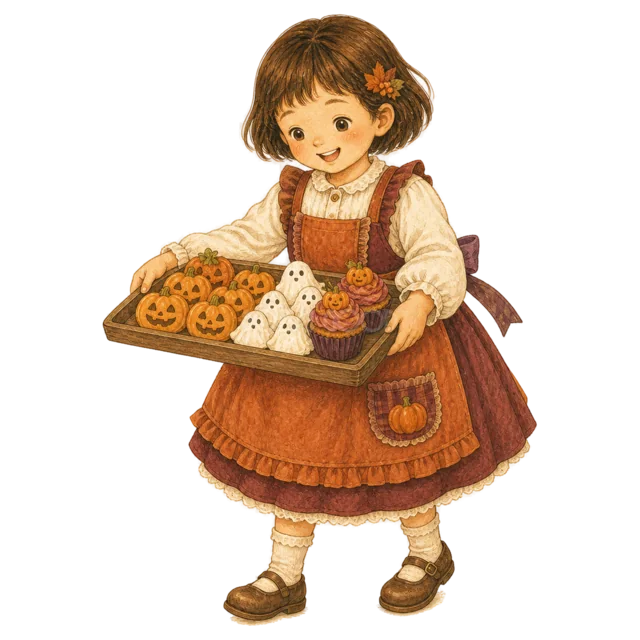 かぼちゃとおばけのクッキーを運ぶ女の子（背景透過PNG）