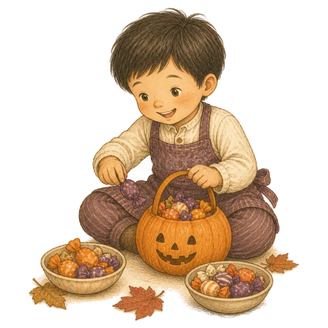 ジャックオランタンにお菓子を詰める男の子（背景透過PNG）