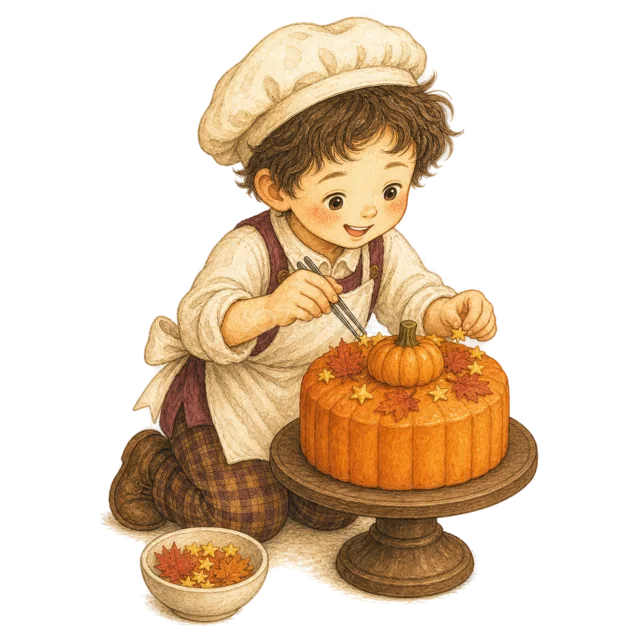 大きなかぼちゃケーキを飾り付ける男の子（背景透過PNG）