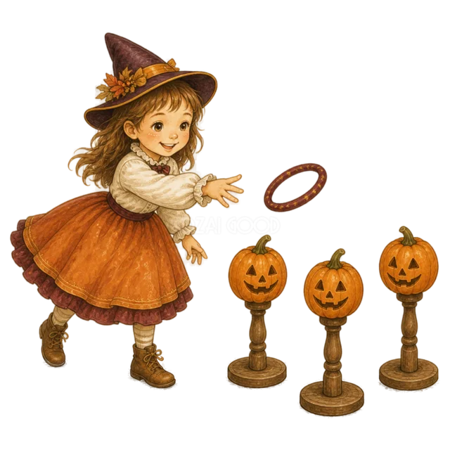 魔女姿でかぼちゃの輪投げを楽しむ女の子のハロウィンイラスト（背景透過PNG）