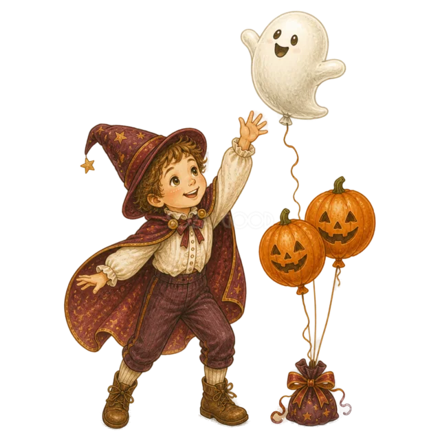 おばけとかぼちゃの風船で遊ぶ魔法使い姿の男の子（背景透過PNG）