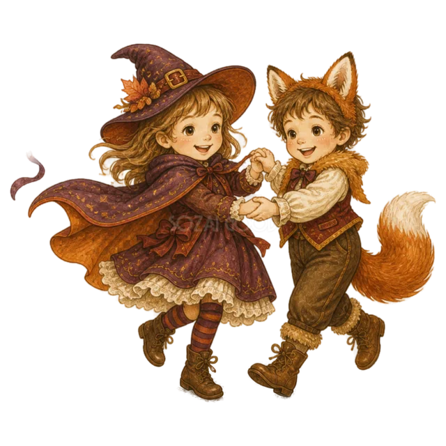 魔女とキツネの仮装で手を取り踊る子ども（背景透過PNG）