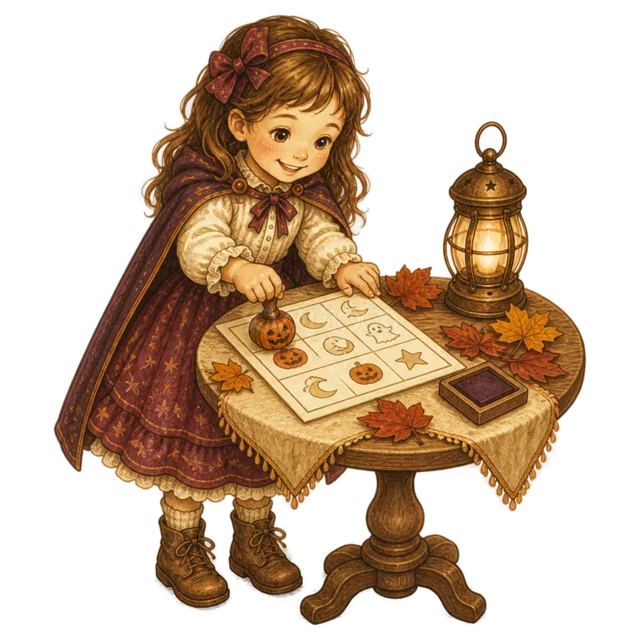 ランタンのそばでハロウィンカードを作る女の子（背景透過PNG）