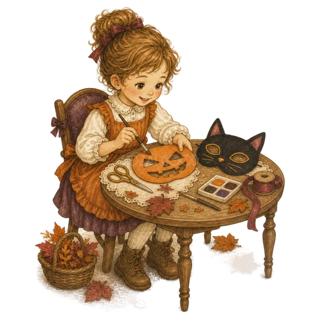 テーブルでかぼちゃと黒猫のお面を作る女の子（背景透過PNG）