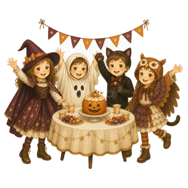 仮装姿でハロウィンパーティーを楽しむ子ども4人（背景透過PNG）